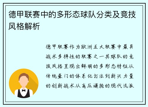 德甲联赛中的多形态球队分类及竞技风格解析